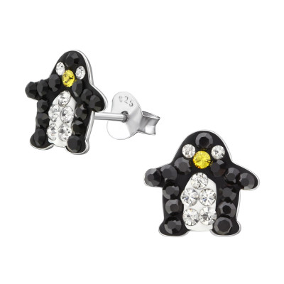 Children's Silver Black and White Penguin Ear Studs with Crystal