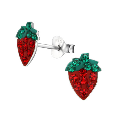 Children's Silver Strawberry Ear Studs with Crystal