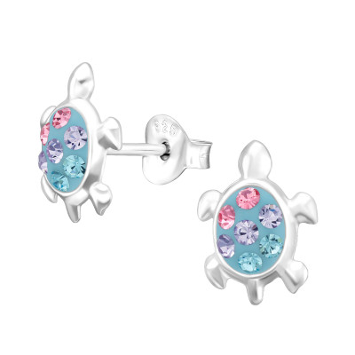 Children's Silver Turtle Ear Studs with Crystal