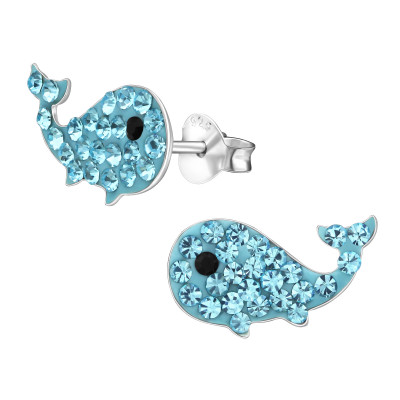 Children's Silver Whale Ear Studs with Crystal