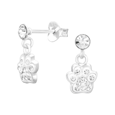 Children's Silver Dangling Paw Print Ear Studs with Crystal