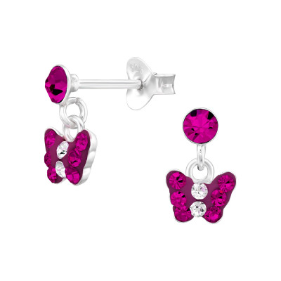 Children's Silver Dangling Butterfly Ear Studs with Crystal