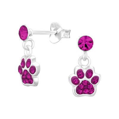 Children's Silver Dangling Paw Print Ear Studs with Crystal