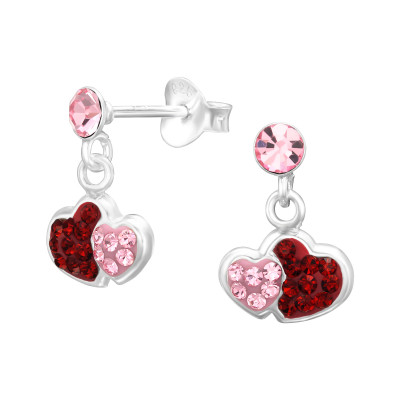 Children's Silver Dangling Double Heart Ear Studs with Crystal