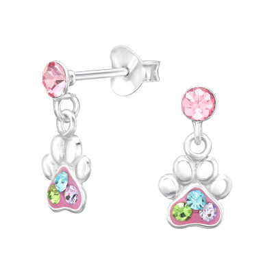 Children's Silver Dangling Paw Print Ear Studs with Crystal