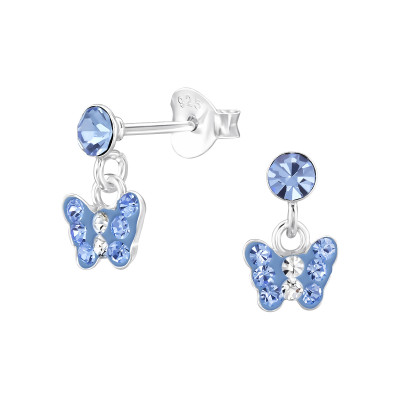 Children's Silver Dangling Butterfly Ear Studs with Crystal