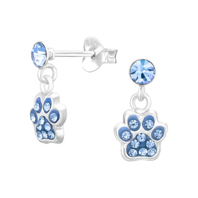 Children's Silver Dangling Paw Print Ear Studs with Crystal