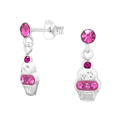 Children's Silver Dangling Cupcake Ear Studs with Crystal