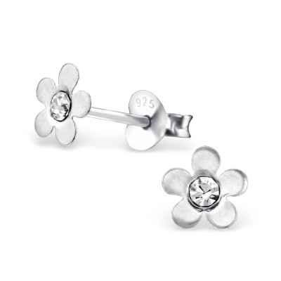 Children's Silver Flower Ear Studs with Crystal