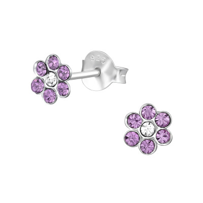 Children's Silver Flower Ear Studs with Crystal