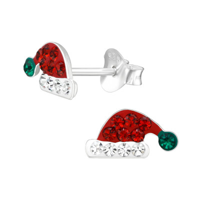 Santa Hat Children's Sterling Silver Ear Studs with Crystal