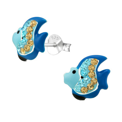 Children's Silver Fish Ear Studs with Crystal