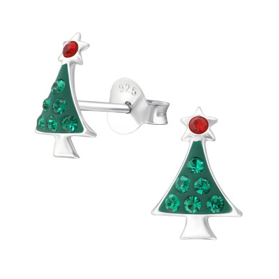 Children's Silver Christmas Tree Ear Studs with Crystal