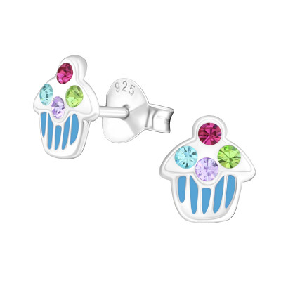 Children's Silver Cupcake Ear Studs with Crystal and Epoxy