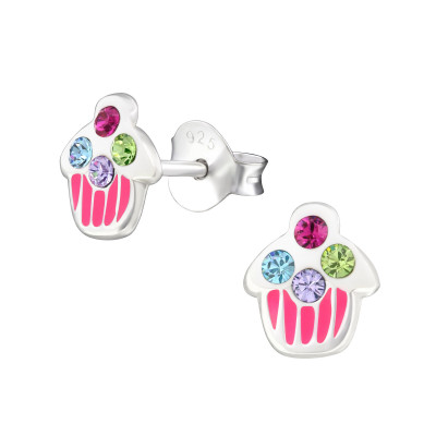 Children's Silver Cupcake Ear Studs with Crystal