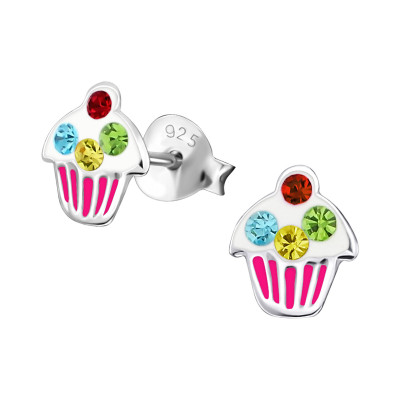 Children's Silver Cupcake Ear Studs with Crystal and Epoxy