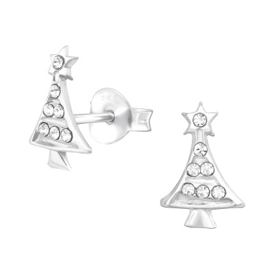 Children's Silver Christmas Tree Ear Studs with Crystal