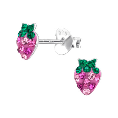 Children's Silver Strawberry Ear Studs with Crystal