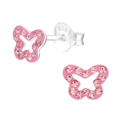 Children's Silver Butterfly Ear Studs with Crystal