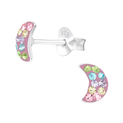 Children's Silver Moon Ear Studs with Crystal