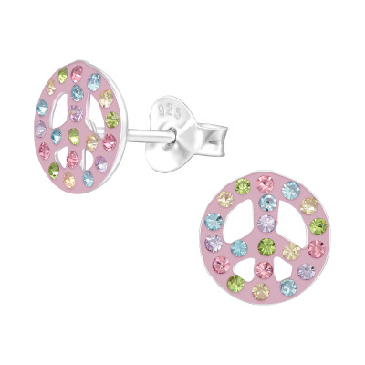 Children's Silver Peace Sign Ear Studs with Crystal