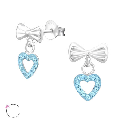 Children's Silver Bow with Hanging Heart Ear Studs and Genuine European Crystals