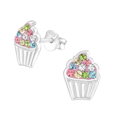 Cupcake Children's Sterling Silver Ear Studs with Crystal