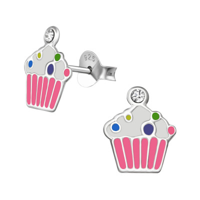 Cupcake Children's Sterling Silver Ear Studs with Crystal and Epoxy