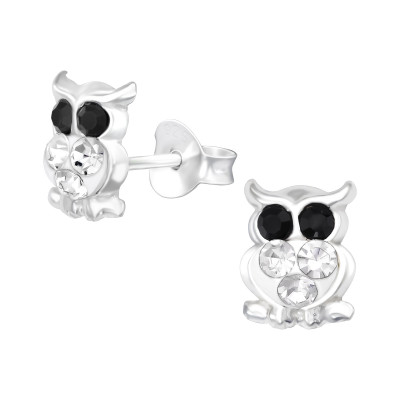 Children's Silver Owl Ear Studs with Crystal