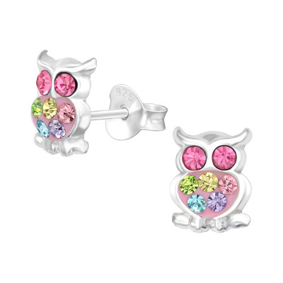 Children's Silver Owl Ear Studs with Crystal