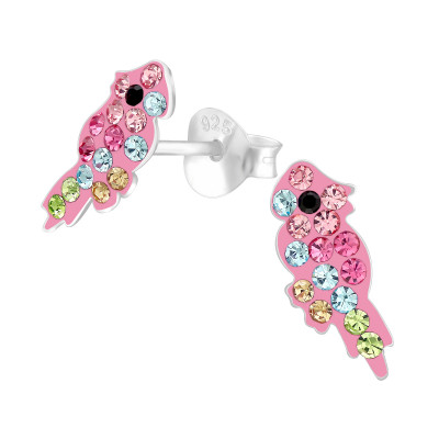 Children's Silver Parrot Ear Studs with Crystal