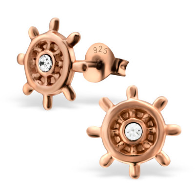 Ship's Wheel Children's Sterling Silver Ear Studs with Crystal