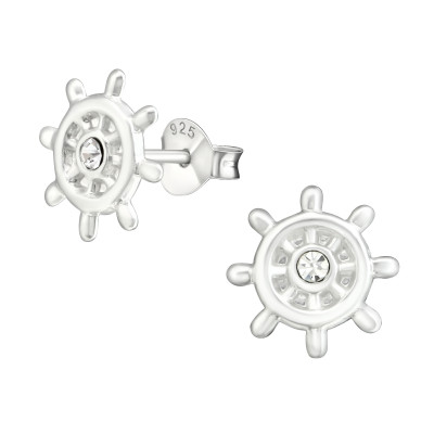 Children's Silver Ship's Wheel Ear Studs with Crystal