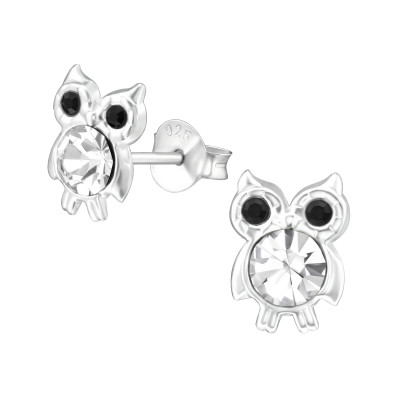 Children's Silver Owl Ear Studs with Crystal