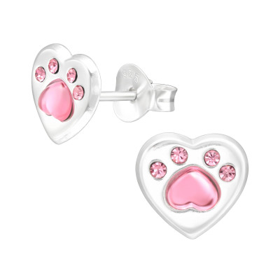 Children's Silver Paw Print Ear Studs with Crystal and Plastic