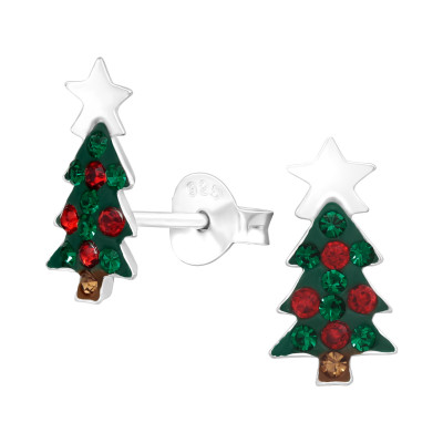 Children's Silver Christmas Tree Ear Studs with Crystal