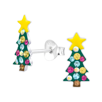 Children's Silver Christmas Tree Ear Studs with Crystal and Epoxy