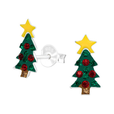 Children's Silver Christmas Tree Ear Studs with Crystal and Epoxy