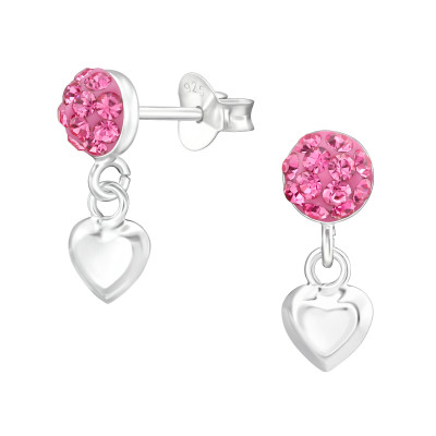 Silver Round Ear Studs with Hanging Heart and Crystal