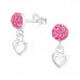 Silver Round Ear Studs with Hanging Heart and Crystal