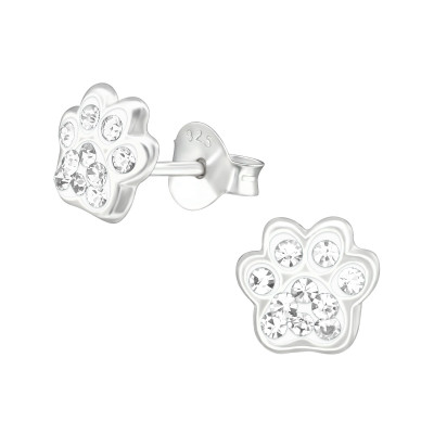 Children's Silver Paw Print Ear Studs with Crystal