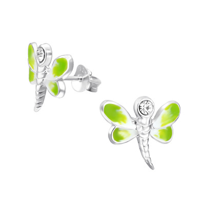 Children's Silver Dragonfly Ear Studs with Crystal and Epoxy