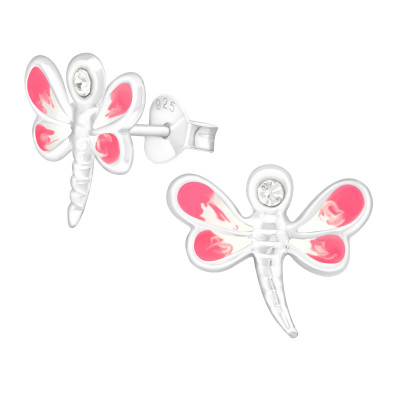 Children's Silver Dragonfly Ear Studs with Crystal and Epoxy