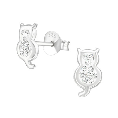 Children's Silver Cat Ear Studs with Crystal