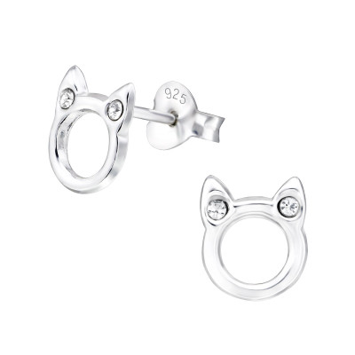 Children's Silver Cat Ear Studs with Crystal