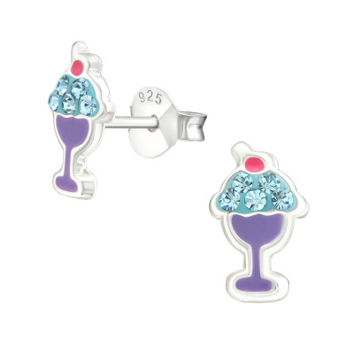 Children's Silver Ice Cream Glass Ear Studs with Crystal and Epoxy