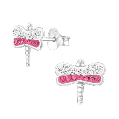Children's Silver Dragonfly Ear Studs with Crystal