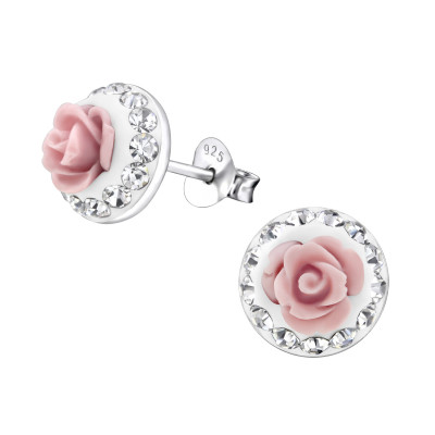 Children's Silver Rose Ear Studs with Crystal and Plastic