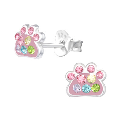 Children's Silver Paw Print Ear Studs with Crystal