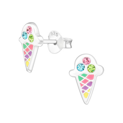 Children's Silver Ice Cream Ear Studs with Crystal and Epoxy